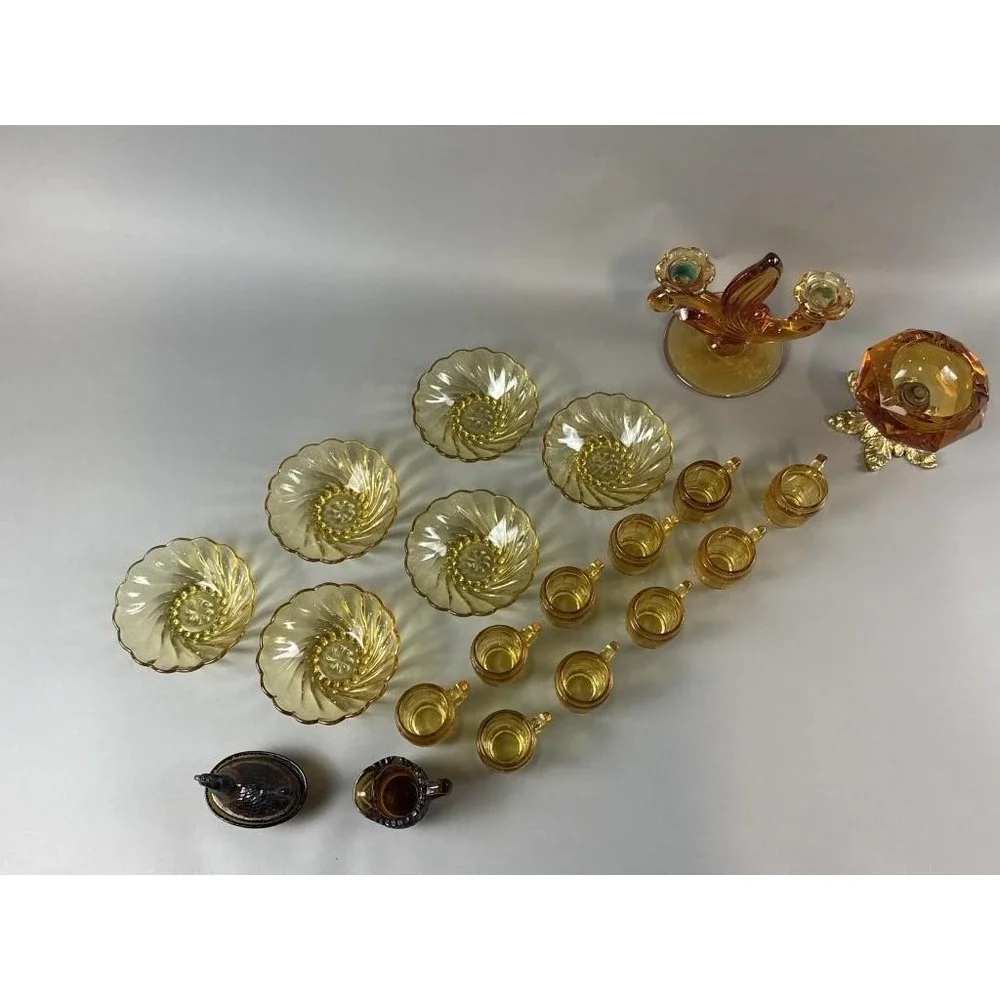 Vintage Amber Pressed Glass Mini Creamer Pitcher Cream Jug Daisy & Button Style